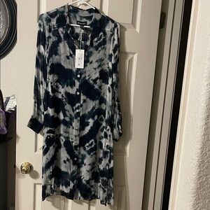 Fifteen Twenty tie dyed Navy and White Long Sleeve shirt Dress with lining dress